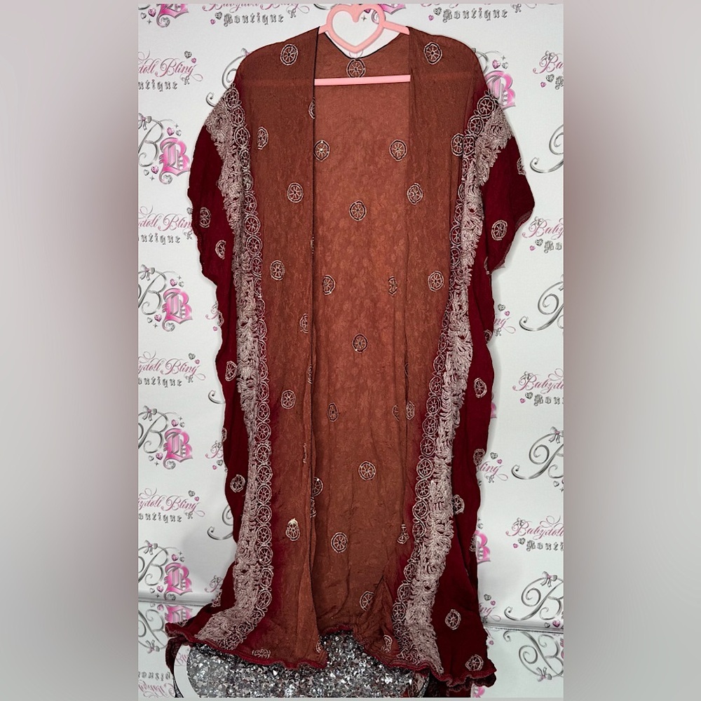Bohemian Burgundy Lace Kimono robe cardigan one size fits all embroidered
